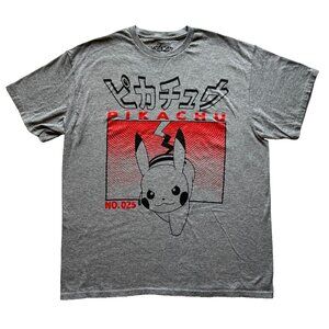 L Gray Pikachu T Shirt, Kanji, Red Black Graphic Print -Pokemon Anime Streetwear